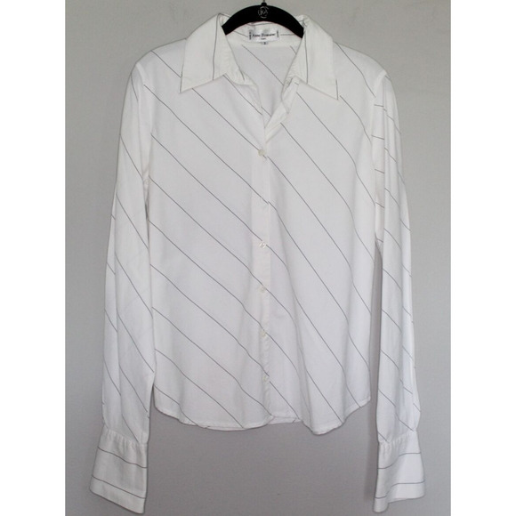 Anne Fontaine Paris Diagonal Pinstripe Button Blouse White Black Stripes Size 3 - Picture 10 of 11